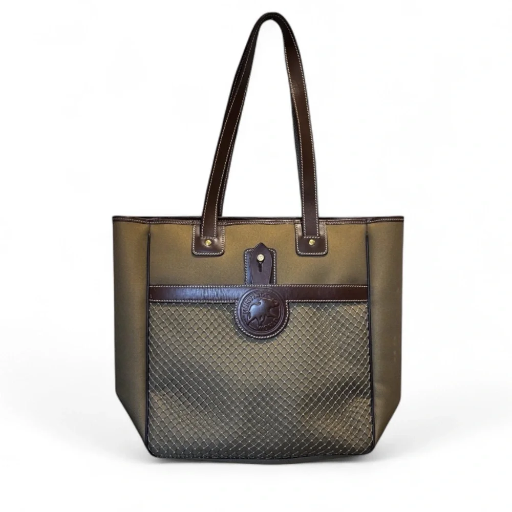 HUNTING WORLD Canvas Tote Bag With Leather Trims Khaki EUC